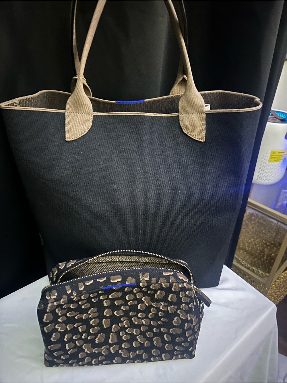 Rothy's Black Portobello Tote and matching Leopard Cosmetic (Discontinued) Pouch